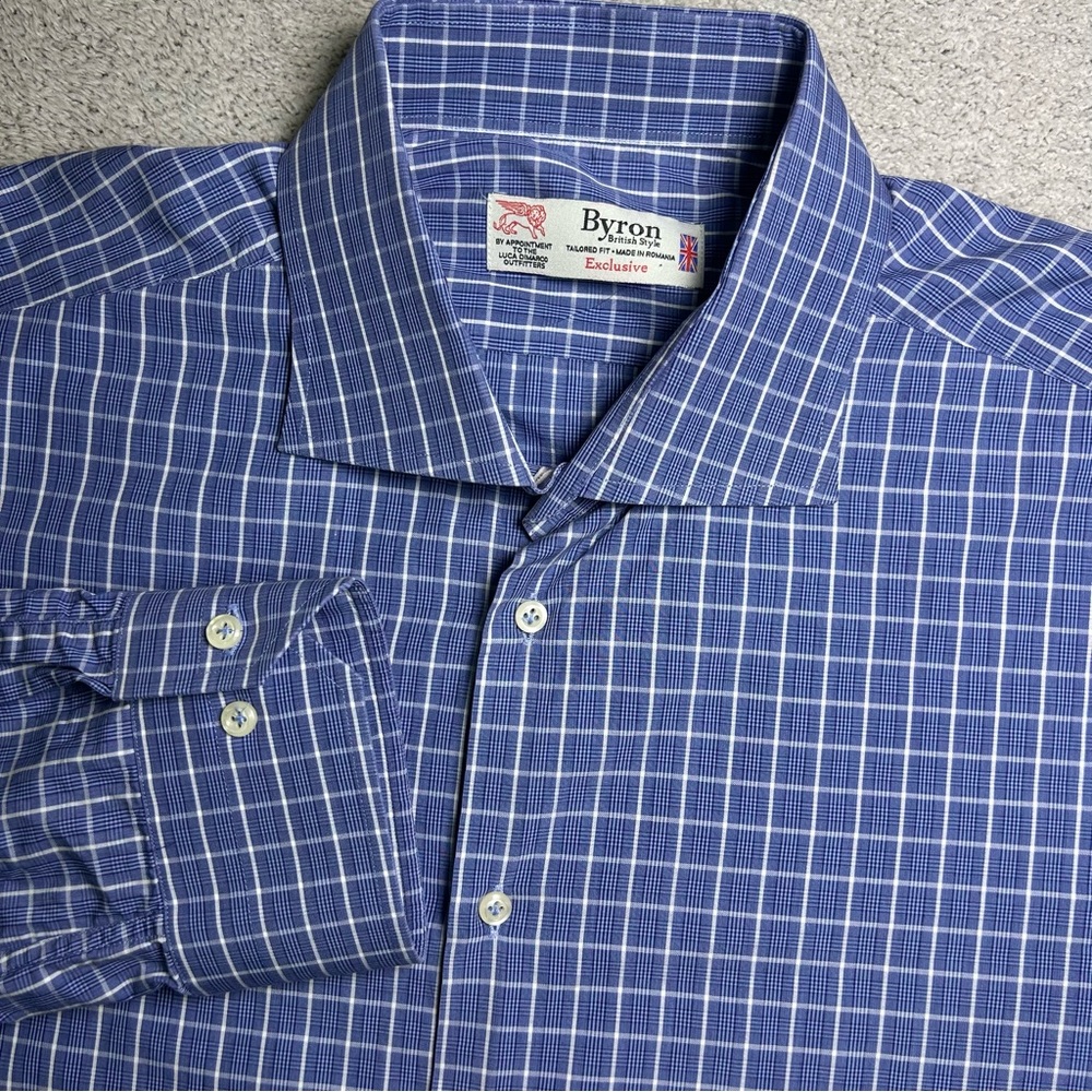Vintage Byron Dress Shirt Men’s XXL Blue Windowpane Check Plaid Point Collar